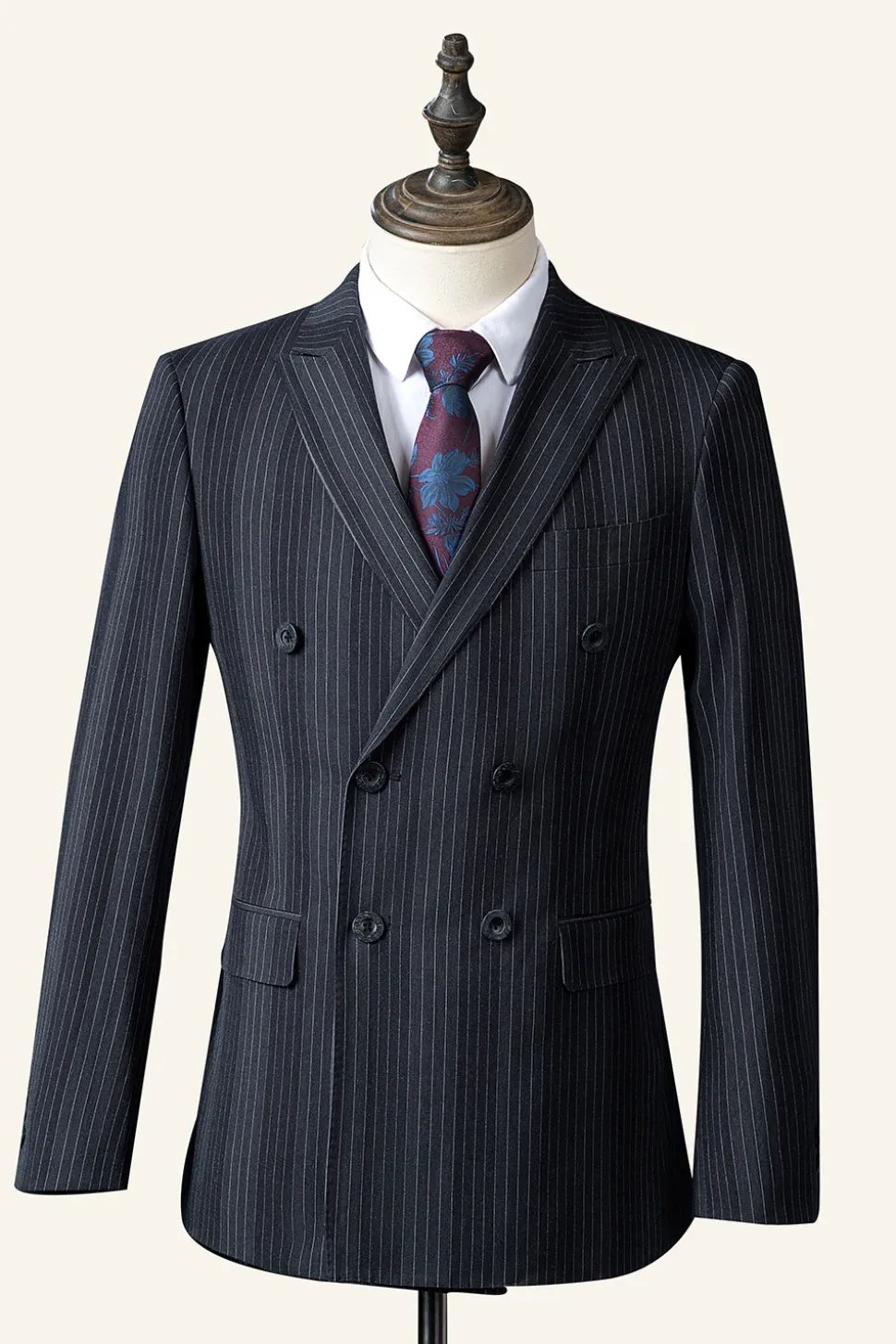 Preto Duplo Peito Terno Masculino 3 Peças