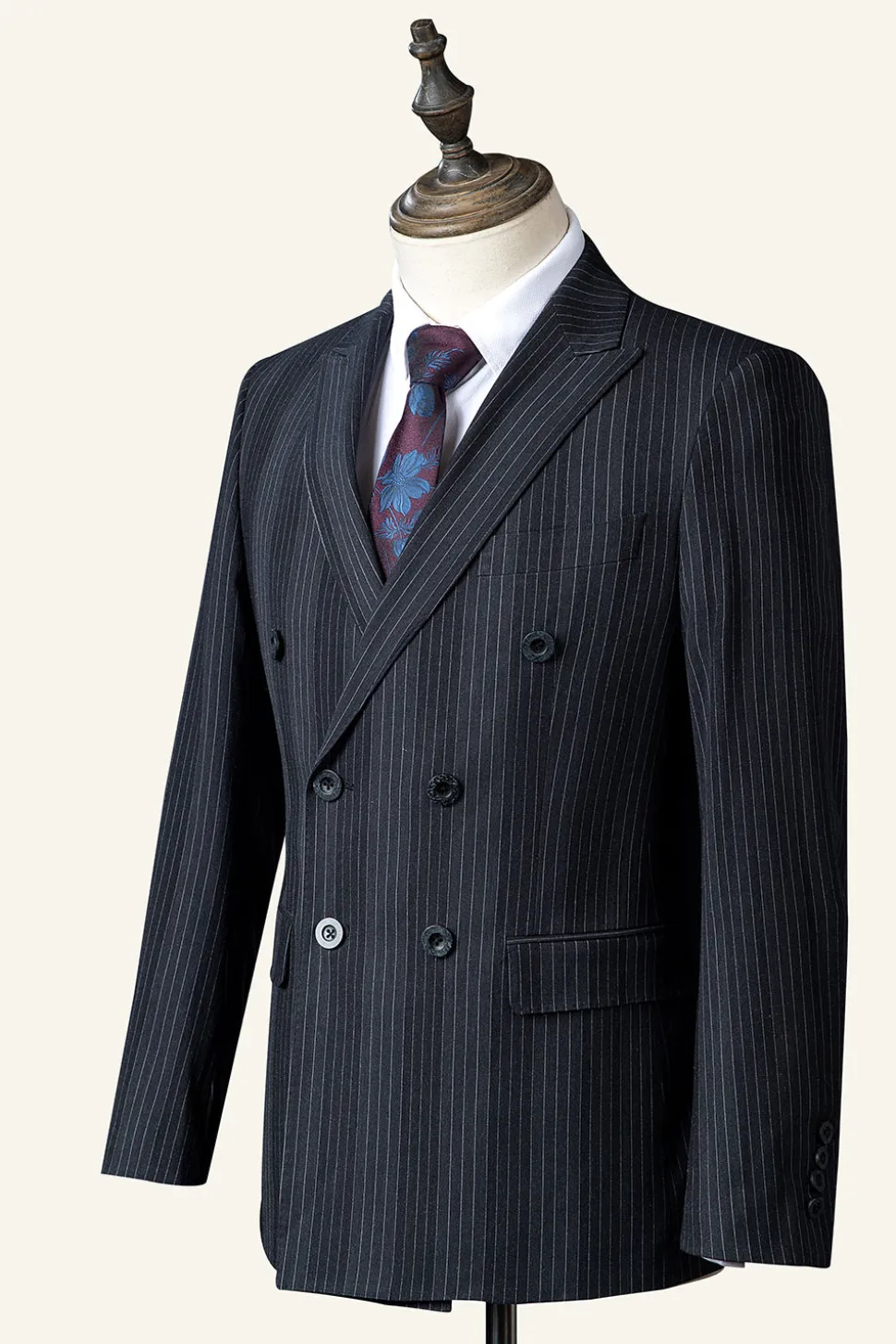 Preto Duplo Peito Terno Masculino 3 Peças