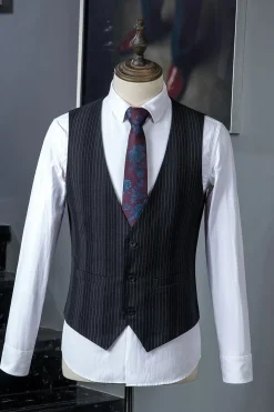 Preto Duplo Peito Terno Masculino 3 Peças