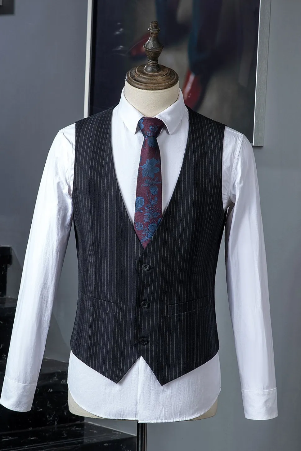 Preto Duplo Peito Terno Masculino 3 Peças