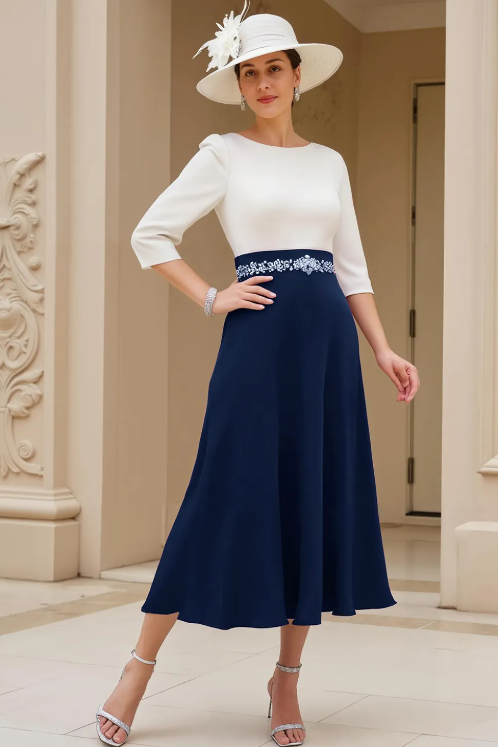 Preto e Branco A-Line Bateau Neck Mãe do Vestido de Noiva com Missangas