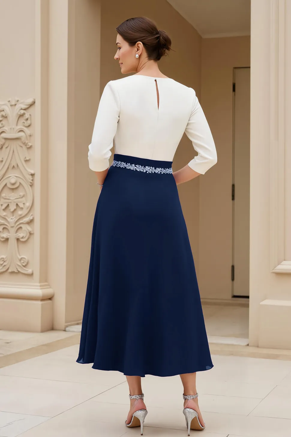 Preto e Branco A-Line Bateau Neck Mãe do Vestido de Noiva com Missangas