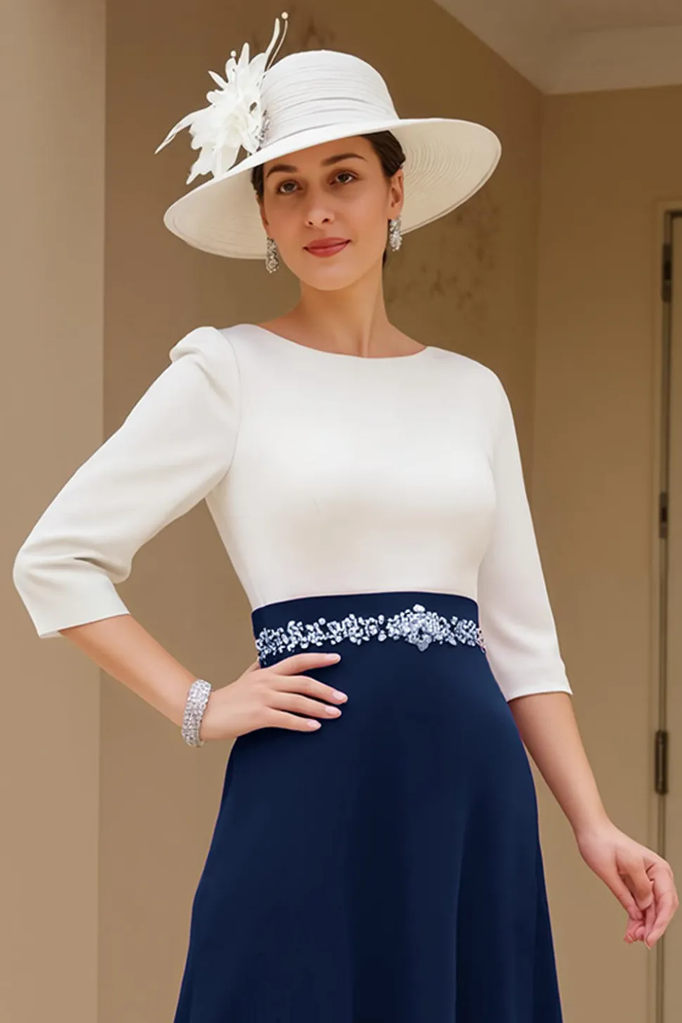 Preto e Branco A-Line Bateau Neck Mãe do Vestido de Noiva com Missangas