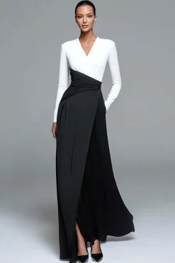 Preto e Branco A-line V-Neck Vestido Formal