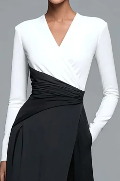 Preto e Branco A-line V-Neck Vestido Formal