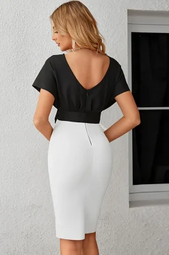 Preto e branco bodycon V-neck vestido de cocktail com cinto