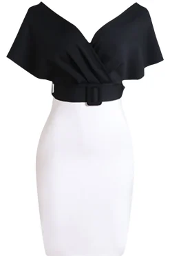 Preto e branco bodycon V-neck vestido de cocktail com cinto