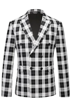 Preto e Branco Pico Lapela Duplo Peito Xadrez Blazer Masculino