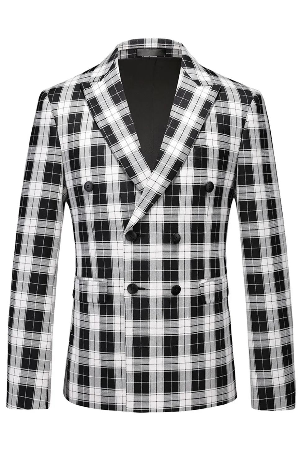 Preto e Branco Pico Lapela Duplo Peito Xadrez Blazer Masculino