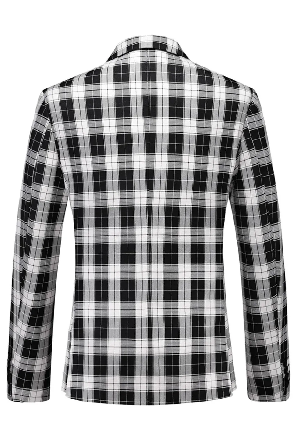 Preto e Branco Pico Lapela Duplo Peito Xadrez Blazer Masculino