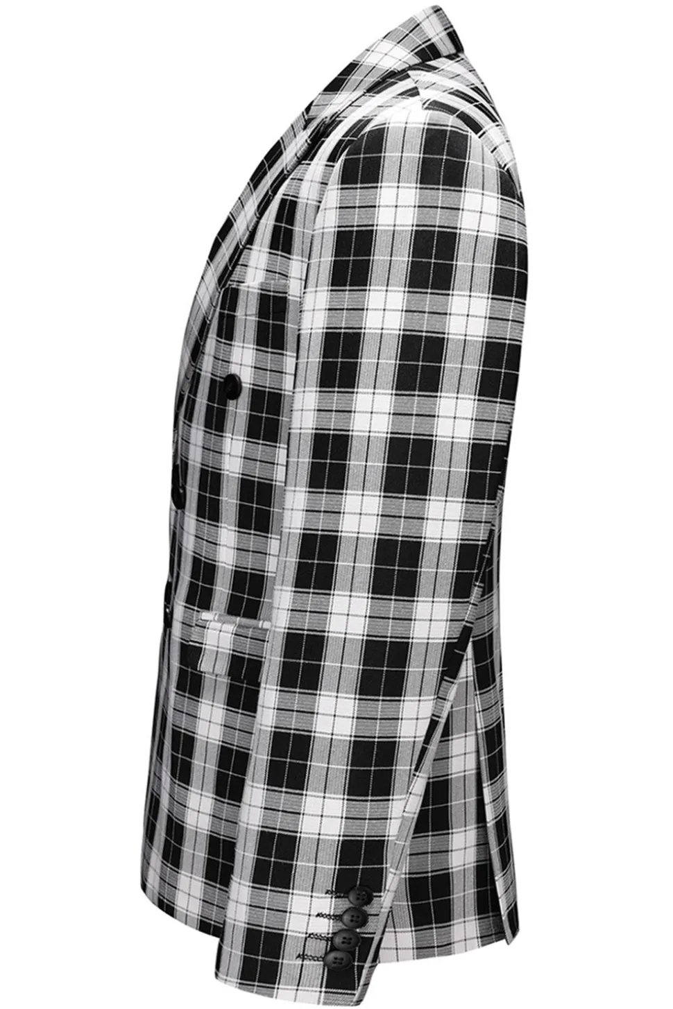 Preto e Branco Pico Lapela Duplo Peito Xadrez Blazer Masculino