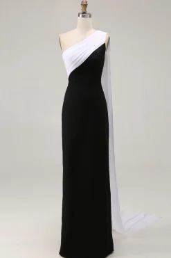 Preto e branco um ombro bainha longo vestido formal com flâmula