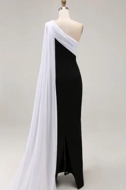 Preto e branco um ombro bainha longo vestido formal com flâmula
