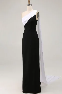 Preto e branco um ombro bainha longo vestido formal com flâmula