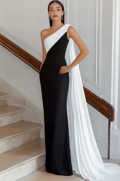 Preto e branco um ombro bainha longo vestido formal com flâmula