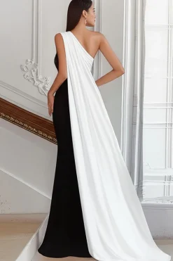 Preto e branco um ombro bainha longo vestido formal com flâmula