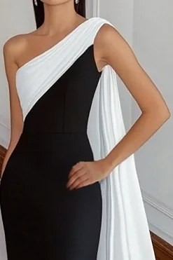 Preto e branco um ombro bainha longo vestido formal com flâmula