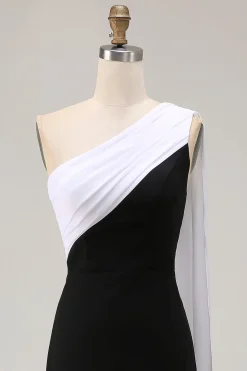 Preto e branco um ombro bainha longo vestido formal com flâmula