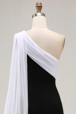 Preto e branco um ombro bainha longo vestido formal com flâmula