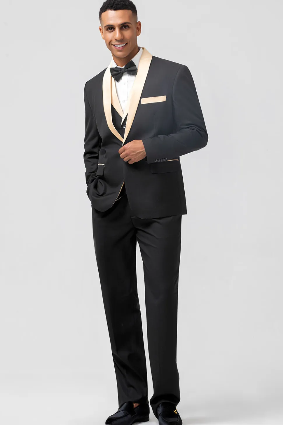 Preto e Champagne Xaile Lapela 3 Peças Slim Fit Masculino Prom Suits
