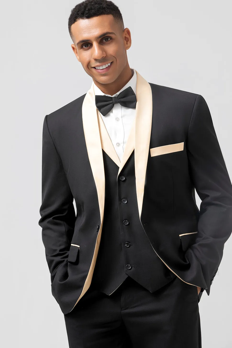 Preto e Champagne Xaile Lapela 3 Peças Slim Fit Masculino Prom Suits