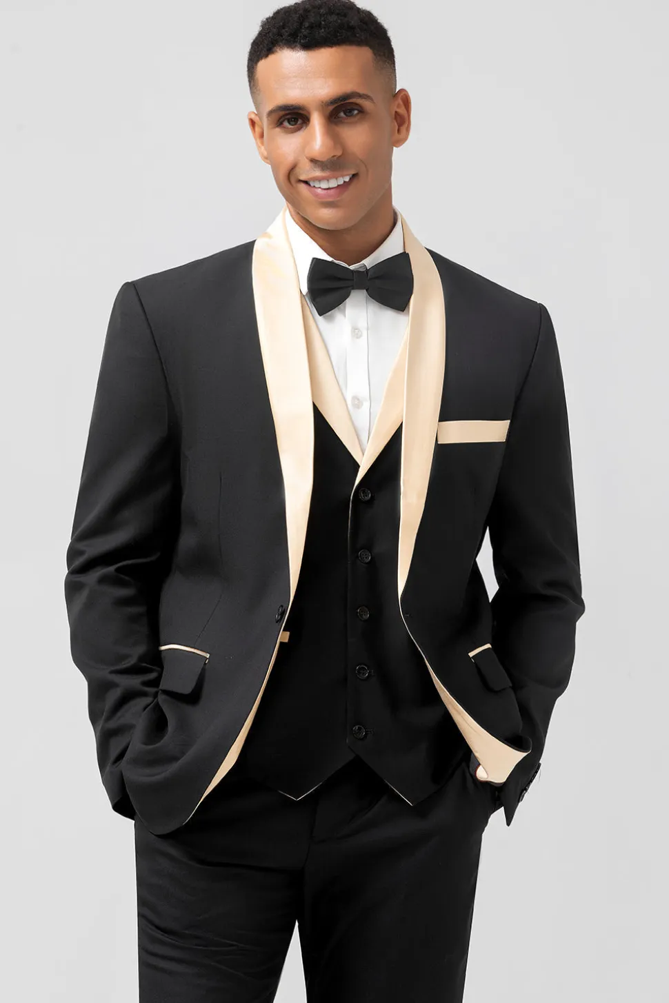 Preto e Champagne Xaile Lapela 3 Peças Slim Fit Masculino Prom Suits