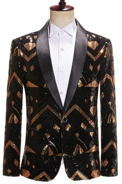 Preto e Dourado Lantejoulas Xale Lapela Masculino Prom Blazer