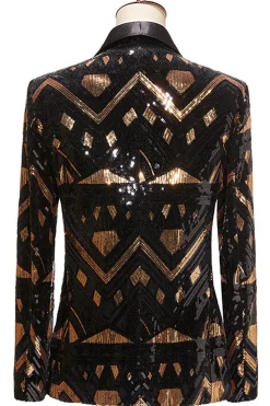 Preto e Dourado Lantejoulas Xale Lapela Masculino Prom Blazer