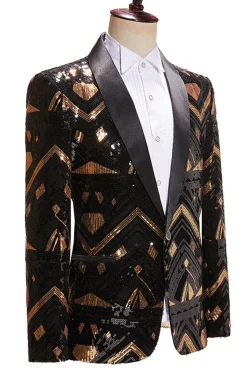 Preto e Dourado Lantejoulas Xale Lapela Masculino Prom Blazer