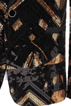 Preto e Dourado Lantejoulas Xale Lapela Masculino Prom Blazer