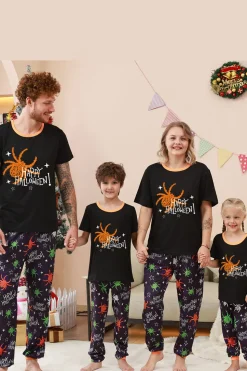 Preto e laranja aranha estampado Halloween família pijamas set