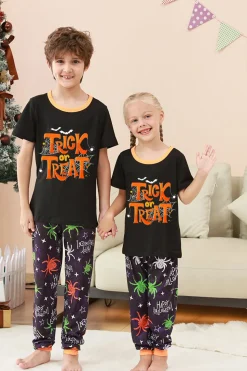 Preto e laranja aranha estampado Halloween família pijamas set
