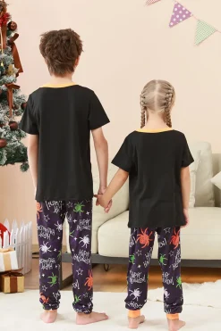 Preto e laranja aranha estampado Halloween família pijamas set