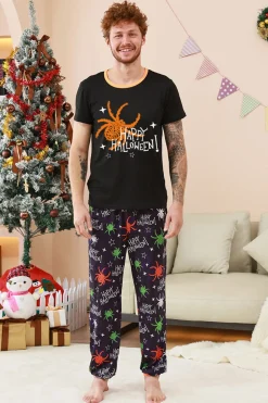 Preto e laranja aranha estampado Halloween família pijamas set