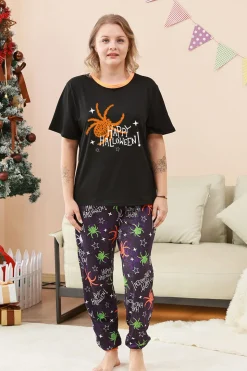 Preto e laranja aranha estampado Halloween família pijamas set