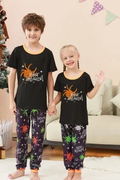 Preto e laranja aranha estampado Halloween família pijamas set