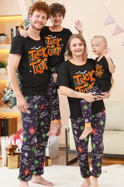 Preto e laranja aranha estampado Halloween família pijamas set