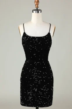 Preto espaguete alças lantejoulas homecoming vestido com cruz criss para trás