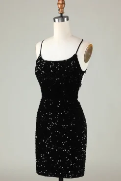 Preto espaguete alças lantejoulas homecoming vestido com cruz criss para trás