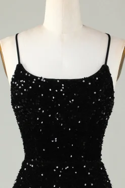 Preto espaguete alças lantejoulas homecoming vestido com cruz criss para trás