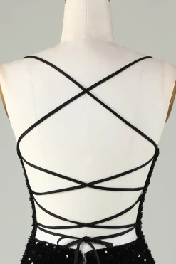 Preto espaguete alças lantejoulas homecoming vestido com cruz criss para trás