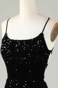 Preto espaguete alças lantejoulas homecoming vestido com cruz criss para trás