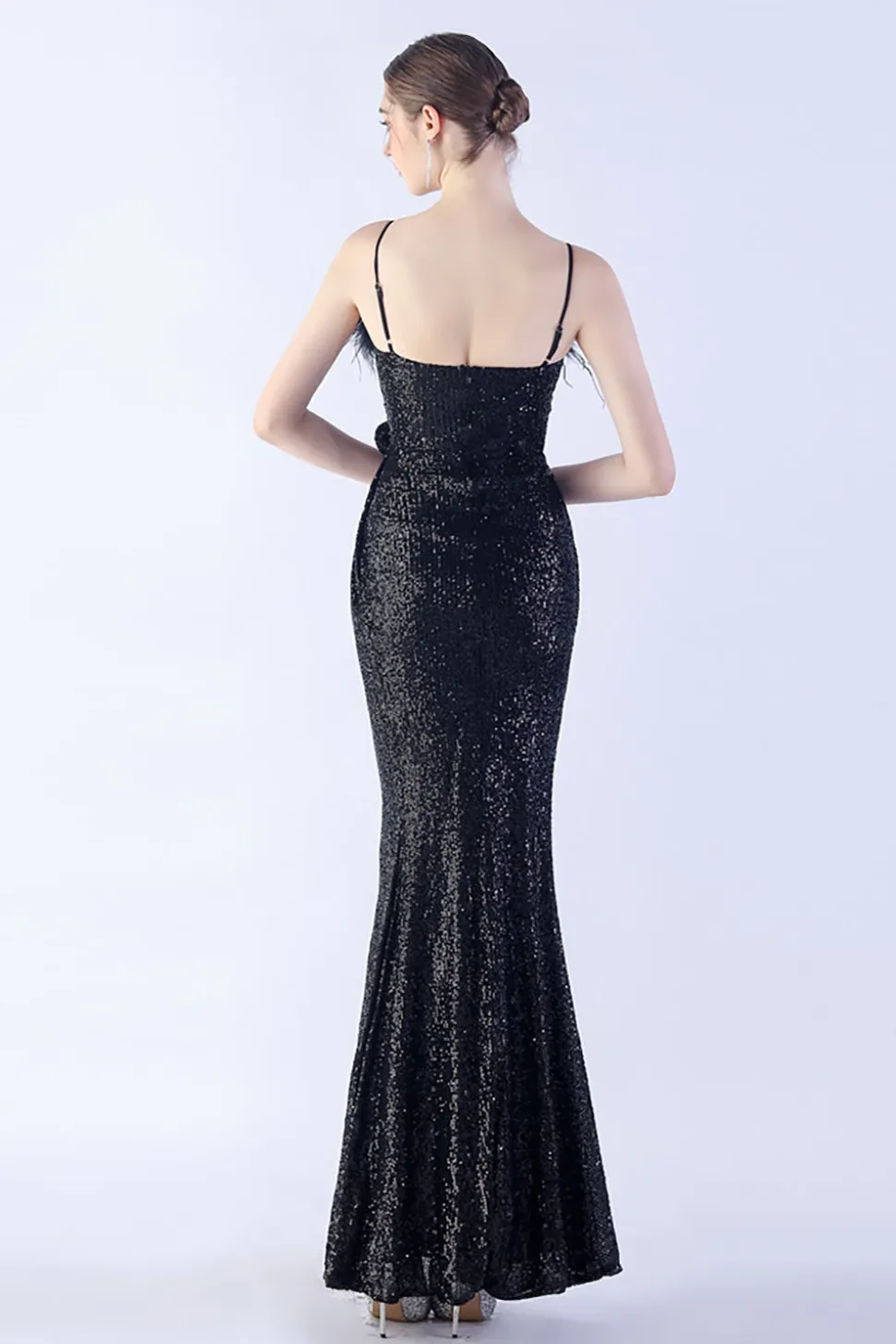 Preto Esparguete Alças Bainha Lantejoulas Vestido Formal com Pena