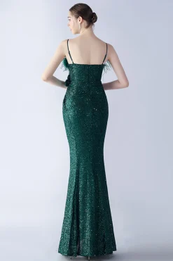 Preto Esparguete Alças Bainha Lantejoulas Vestido Formal com Pena