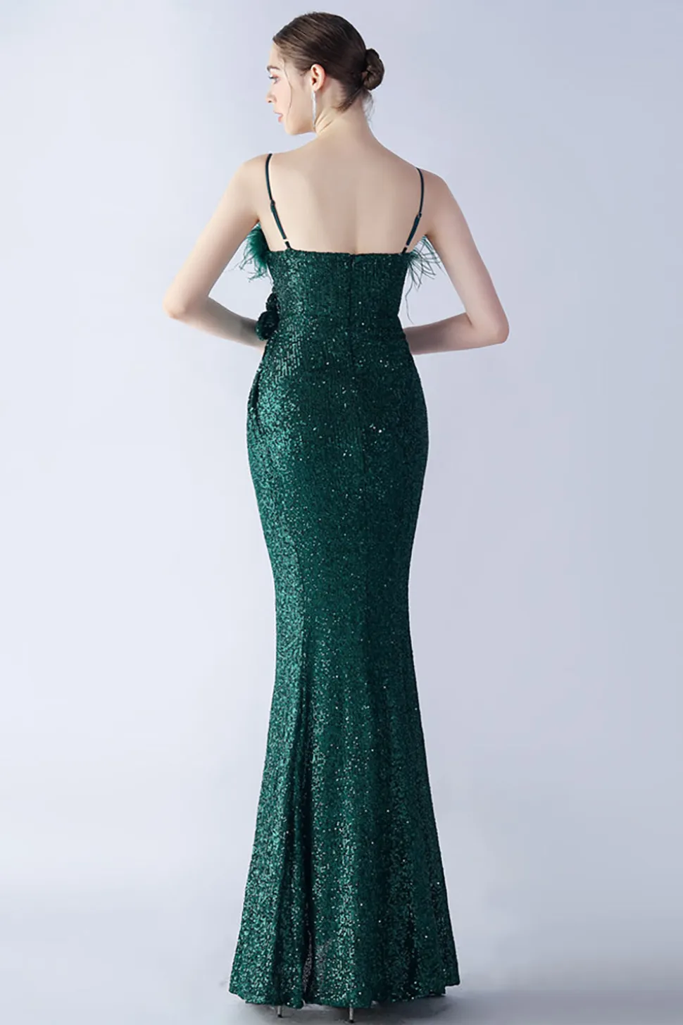 Preto Esparguete Alças Bainha Lantejoulas Vestido Formal com Pena