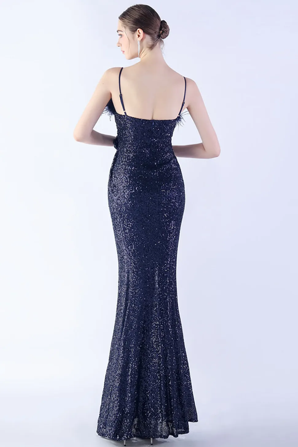 Preto Esparguete Alças Bainha Lantejoulas Vestido Formal com Pena