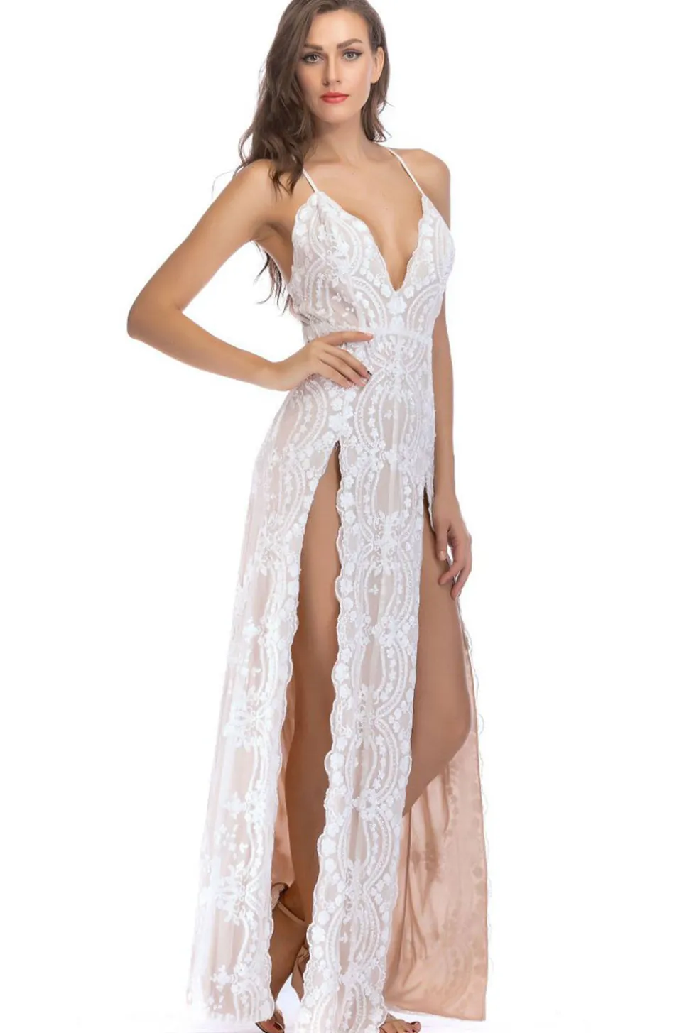 Preto Esparguete Correia Deep V-neck Vestido de Noite Longo