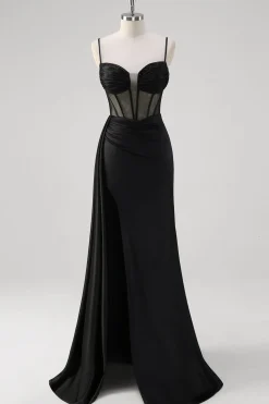 Preto Esparguete Correias Cetim Sereia Long Corset Prom Dress com Fenda