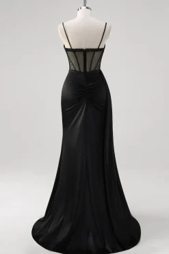 Preto Esparguete Correias Cetim Sereia Long Corset Prom Dress com Fenda