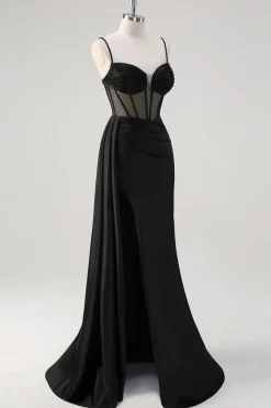Preto Esparguete Correias Cetim Sereia Long Corset Prom Dress com Fenda
